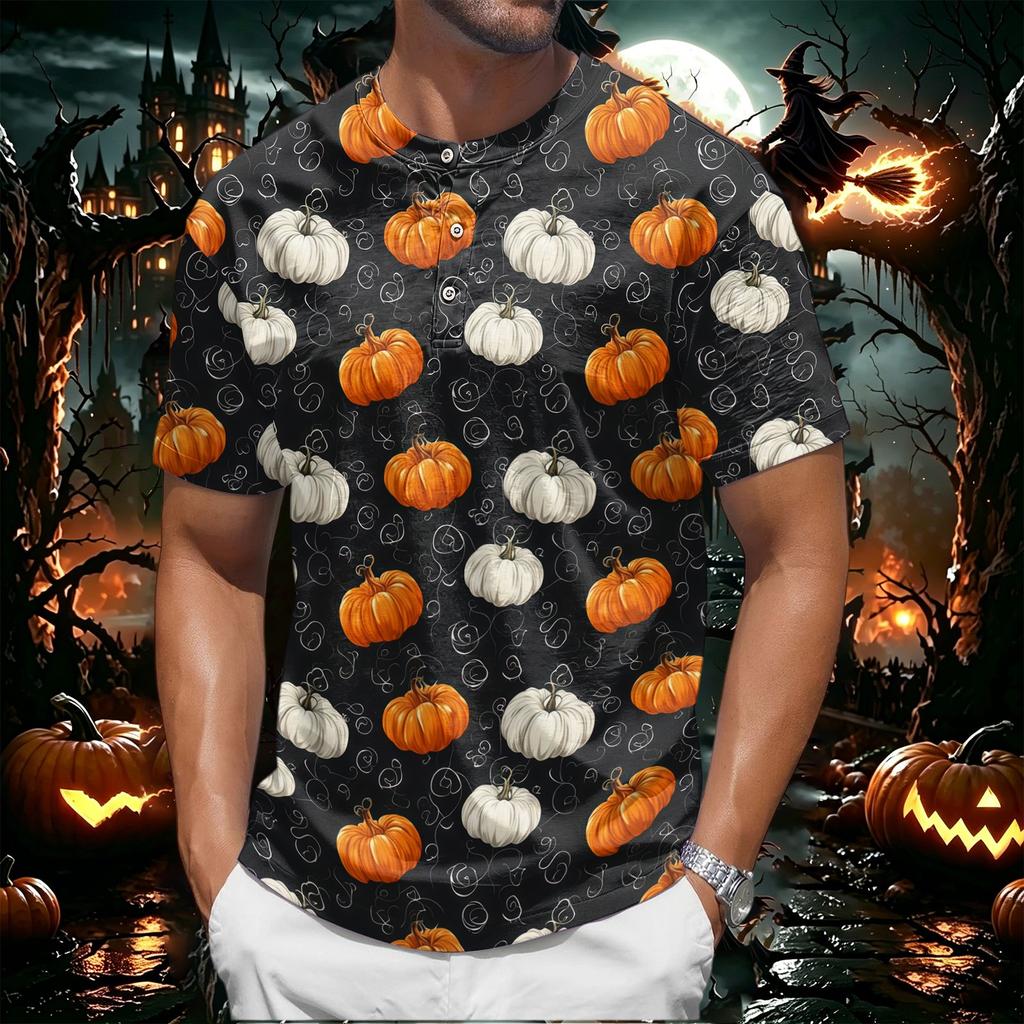 Men's Halloween Print Short Sleeve Henley Shirt Casual Button Up Top with Pumpkin Pattern Lightweight Breathable Fabric for Everyday Wear