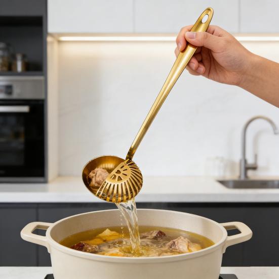 Stainless Steel Soup Ladle with Long Handle And Strainer 2-in-1 Kitchen Spoon for Serving And Filtering Easy To Store Hanging Hole Cooking Tools