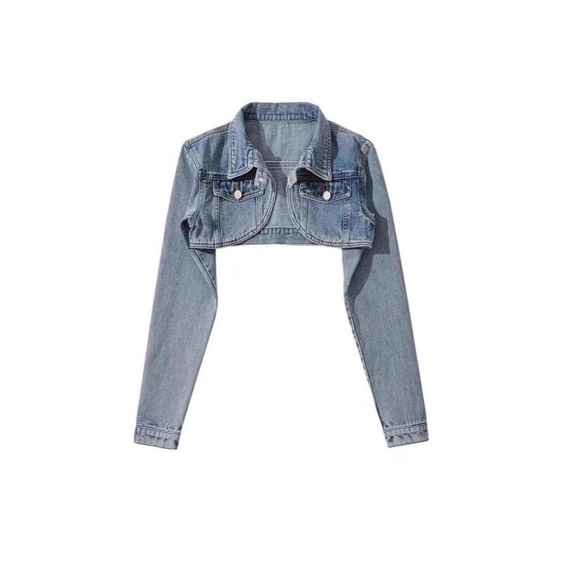 Womens Short Cropped Denim Jacket With Shawl Collar Retro Biker Style High Waist Sexy Fit