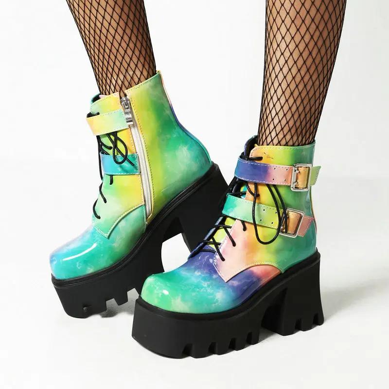 Women's Boots Autumn and Winter New Short Boots Patent Leather Gradual Color Belt Buckle Thick Soled Women's and Ankle Boots