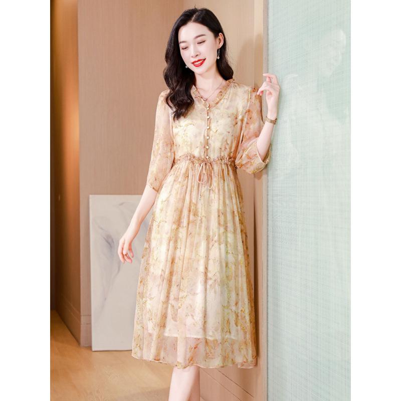 Summer silk dress V-neck temperament elegant intellectual mulberry silk dress printed lace-up skirt