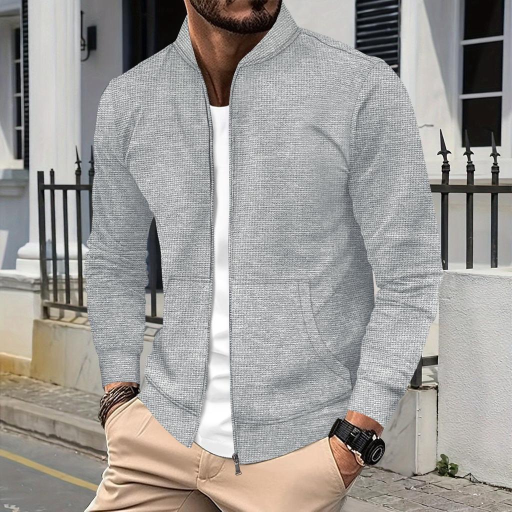 European and American ins men's autumn and winter new waffle solid color zipper baseball jersey pocket long-sleeved jacket
