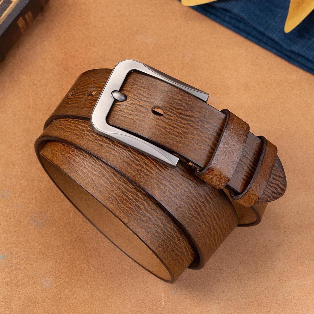 Men's Retro Vegetable-Tanned Leather Belt - Genuine Cowhide, Handmade, Casual Versatile Style