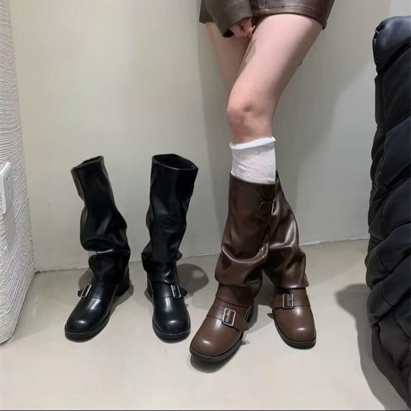 Fashion 2025Woman Boots Knee High Platform Chunky Heels Trend Punk Gothic New Rock Leather Fashion Women's Shoes Motorcycle Footwear