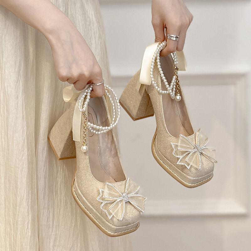 Mode Mode Damen Plateau High Heels Damen Elegant Schleife Perle Mary Jane Hochzeitsschuhe Elegant Dicker Absatz High Heels Zapatos Mujer