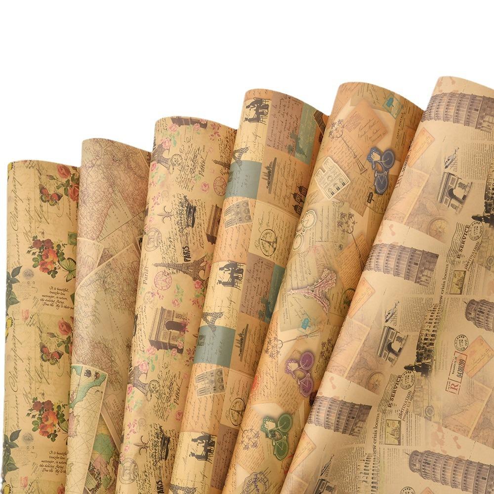 6 Pcs 50x70cm Per Roll Vintage Building Floral Craft Wrapping Paper Sheet Package for Holiday Gift Wrap Craft Paper Decor Gifts