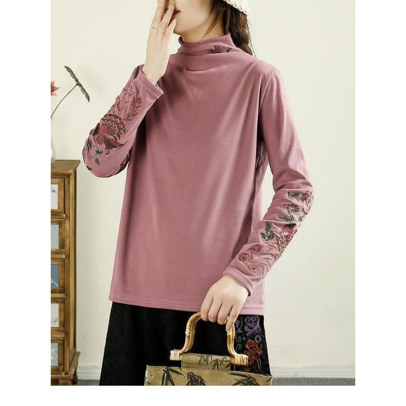 Otoño Invierno Cuello Medio Alto Estilo Étnico Vintage Bordado Jersey Top Mujer Manga Larga Camiseta Básica