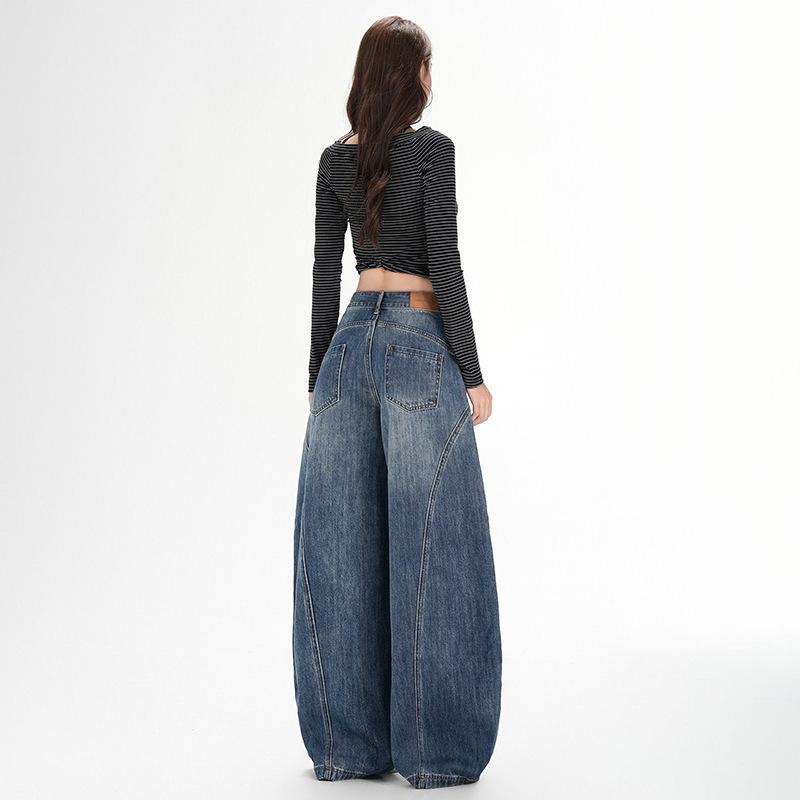 American retro blue wide-leg jeans women's spring loose casual scimitar pants versatile drape pants