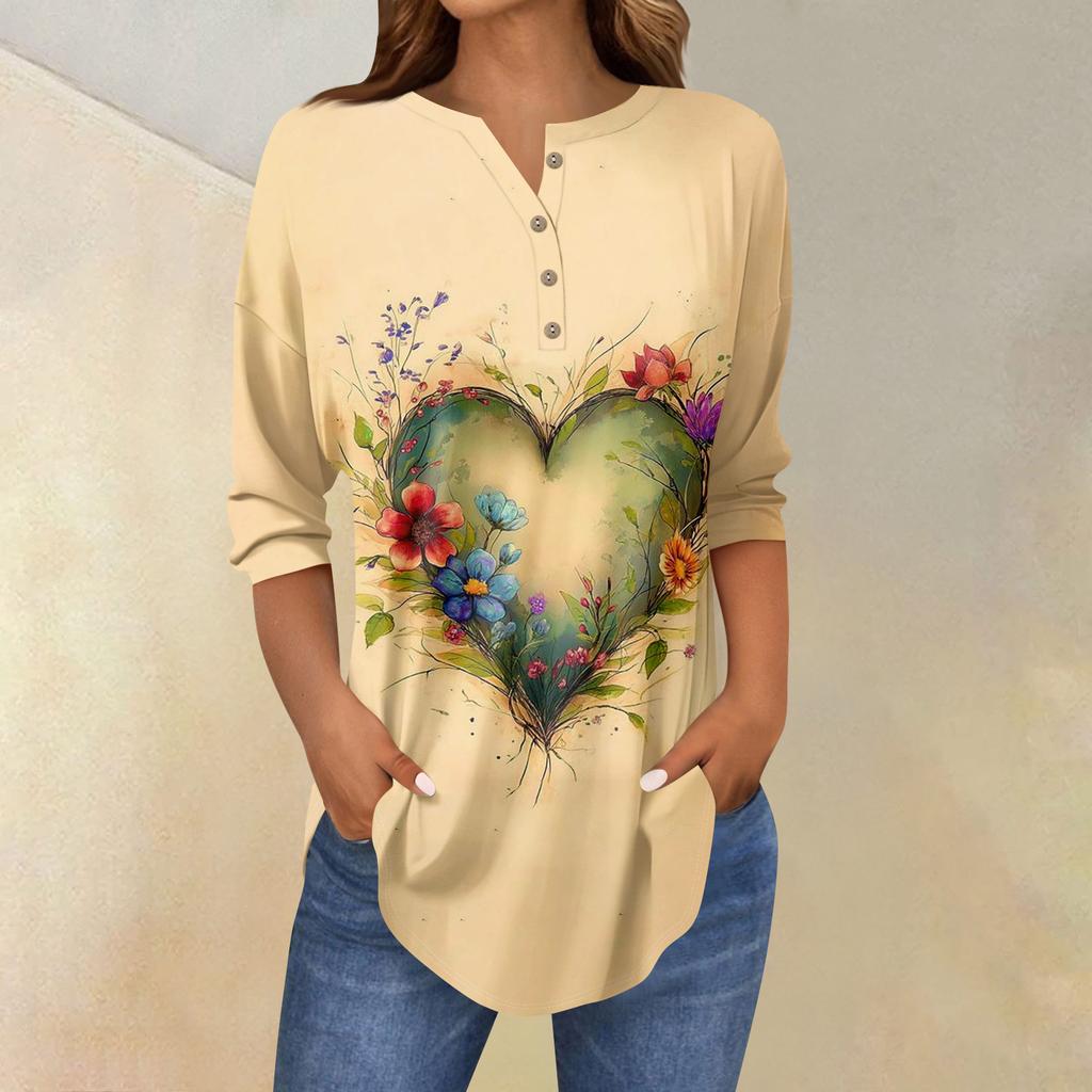 Tee Shirts For Women Fall Casual 3/4 Long Sleeve Button Shirts Sweatshirt Vintage  Top Pullover