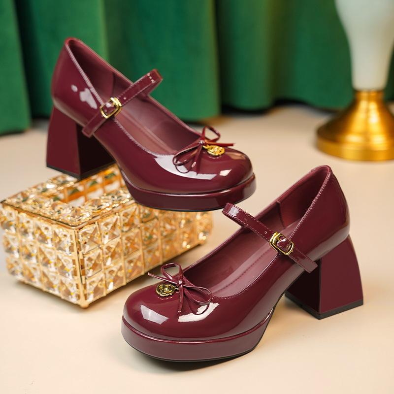 

Yuexinwang leather flat for women s shoes grape mother same black single shoes thick heel spring new Mary Jane shoes high heels 40 бордовый