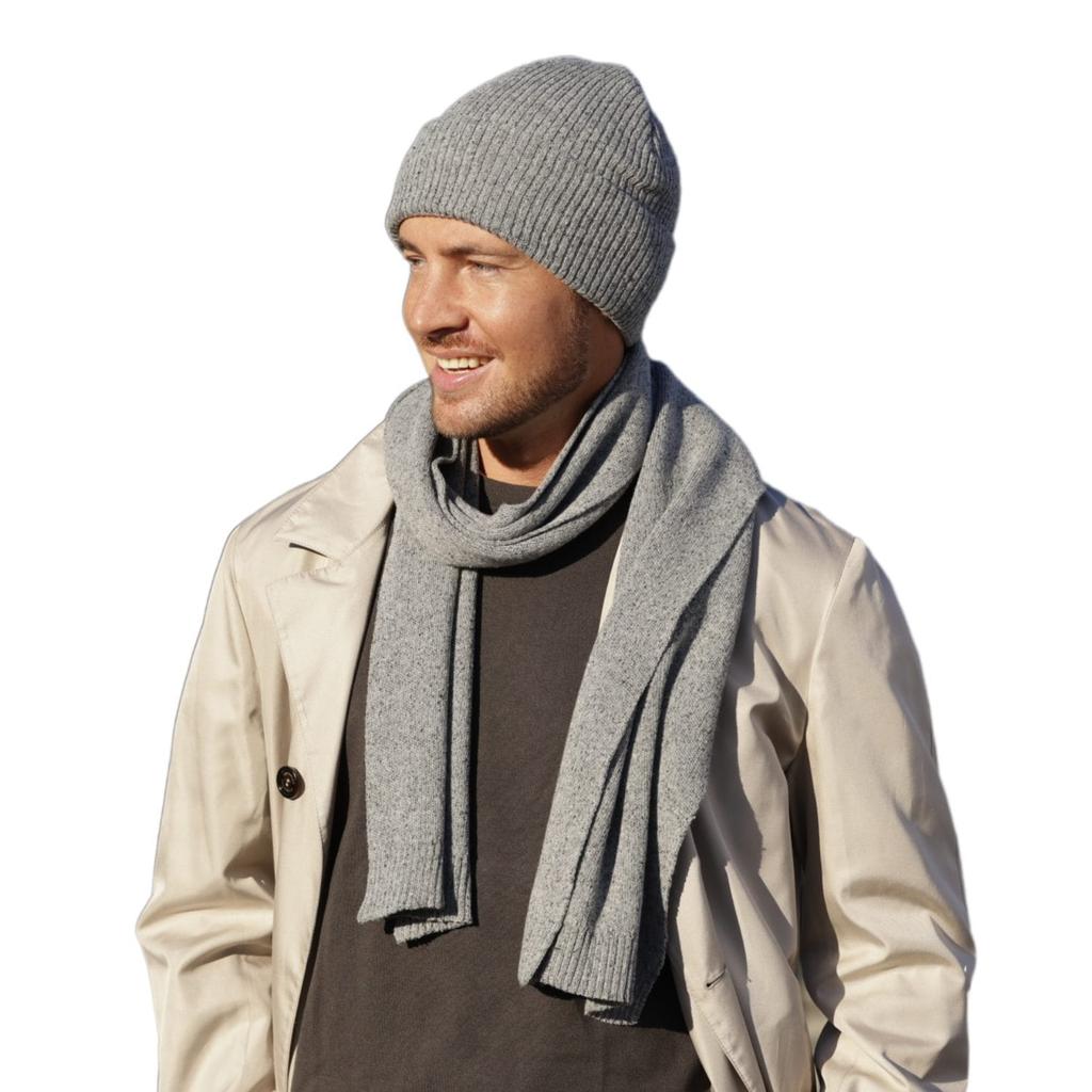 Patrick Men' Set - Hat and Scarf, Gray (Merino & Silk)