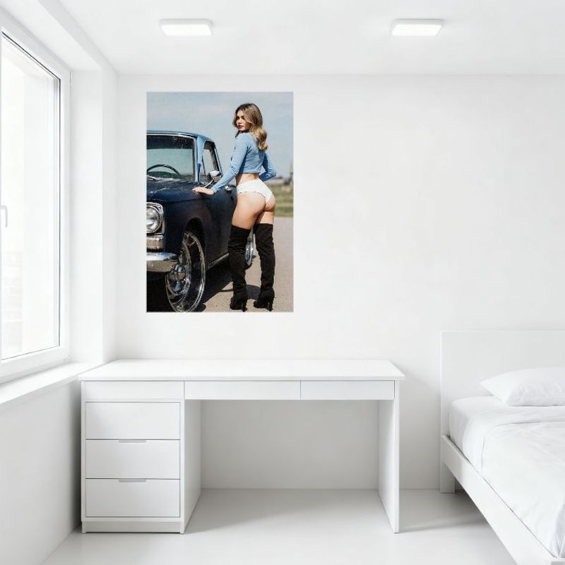 Sexy Blonde Woman In Vintage Car Tin Sign - Retro Metal Poster for Bar Home Wall Decor, Light Blue Crop Top & High-Heeled Boots