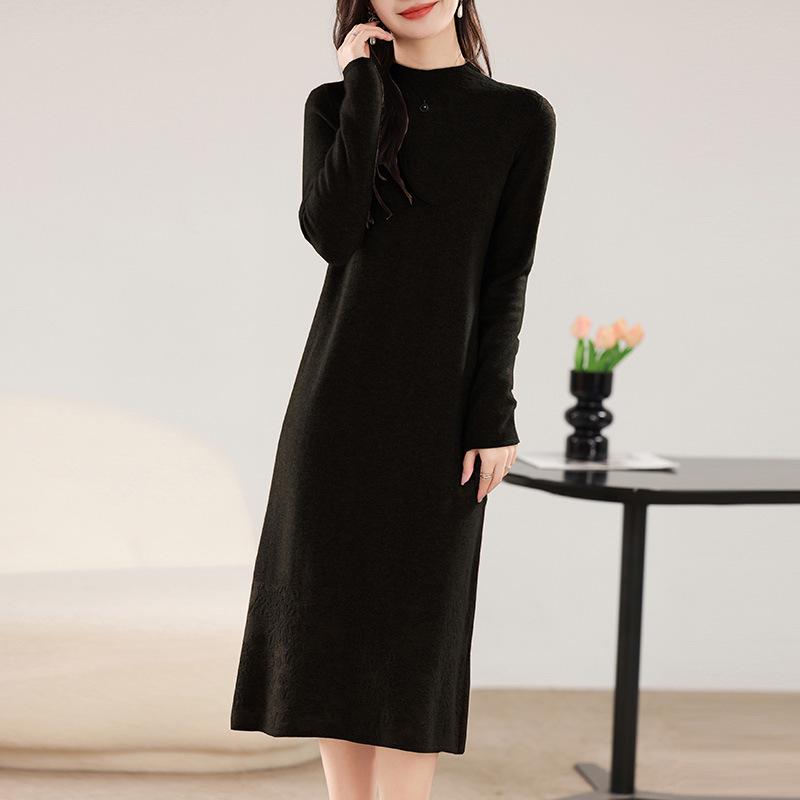 Women's Pure Color Long Wool Knit Dress with Hollow Details