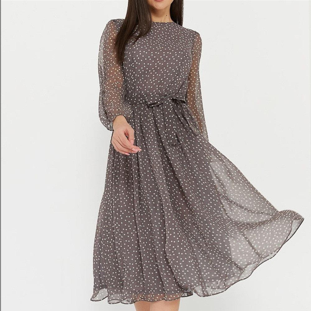 Spring/Summer 2023 Chiffon Polka Dot Long Sleeve Formal Dress (Coffee/Black)