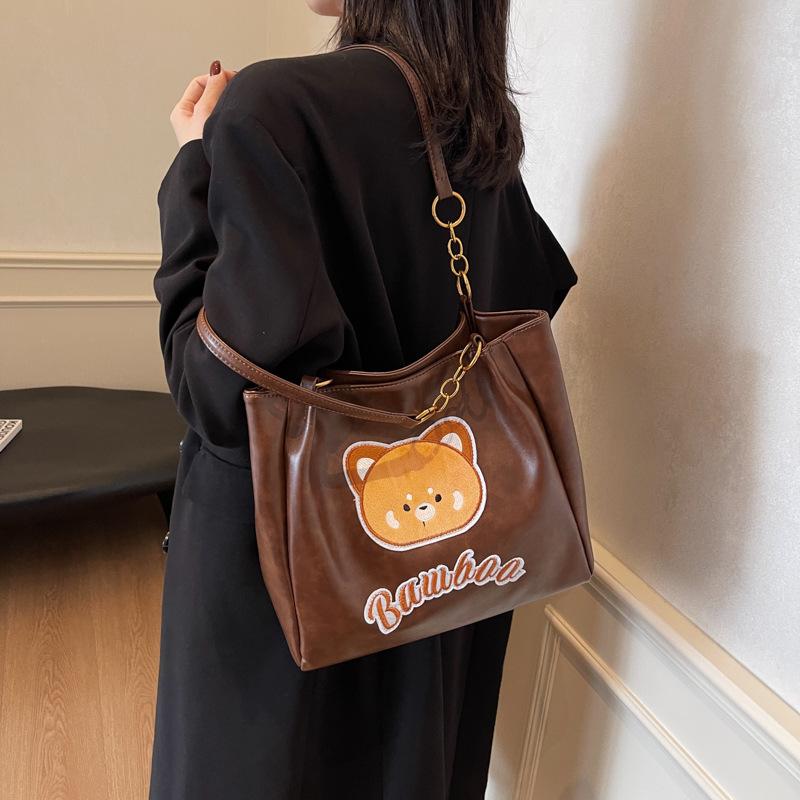 Bag women's new PU bucket bag bear letter embroidery trendy fashion shoulder bag large capacity messenger bag