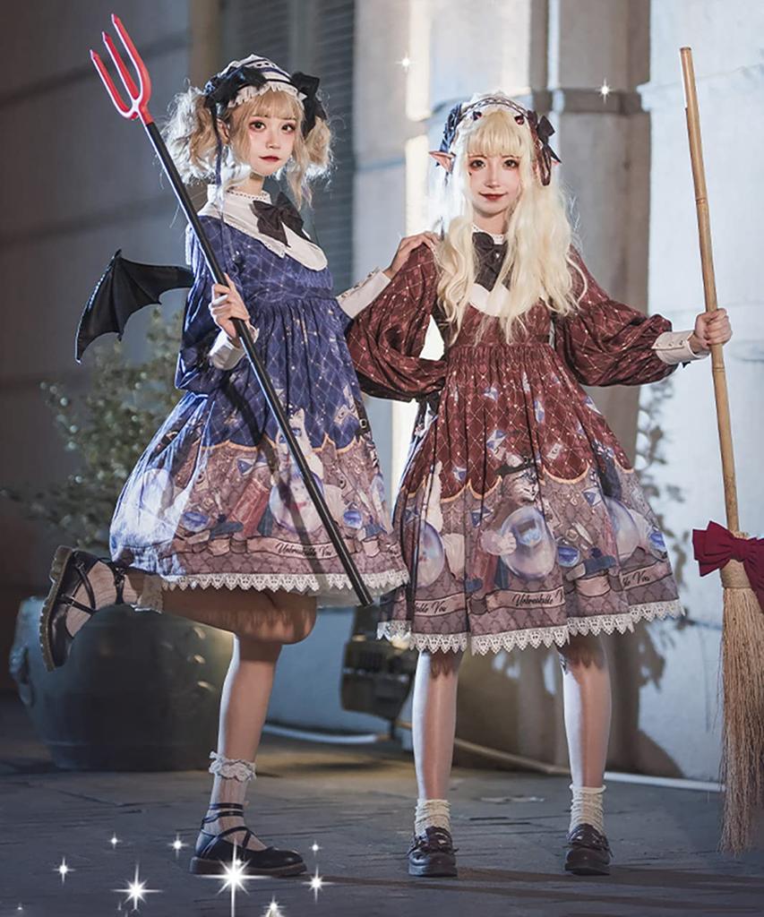 [Milky Time] Lolita Classic Lolita Dress with Mutton Sleeves, Long Sleeves, Magic Crystal, and Cat Design (Navy)
