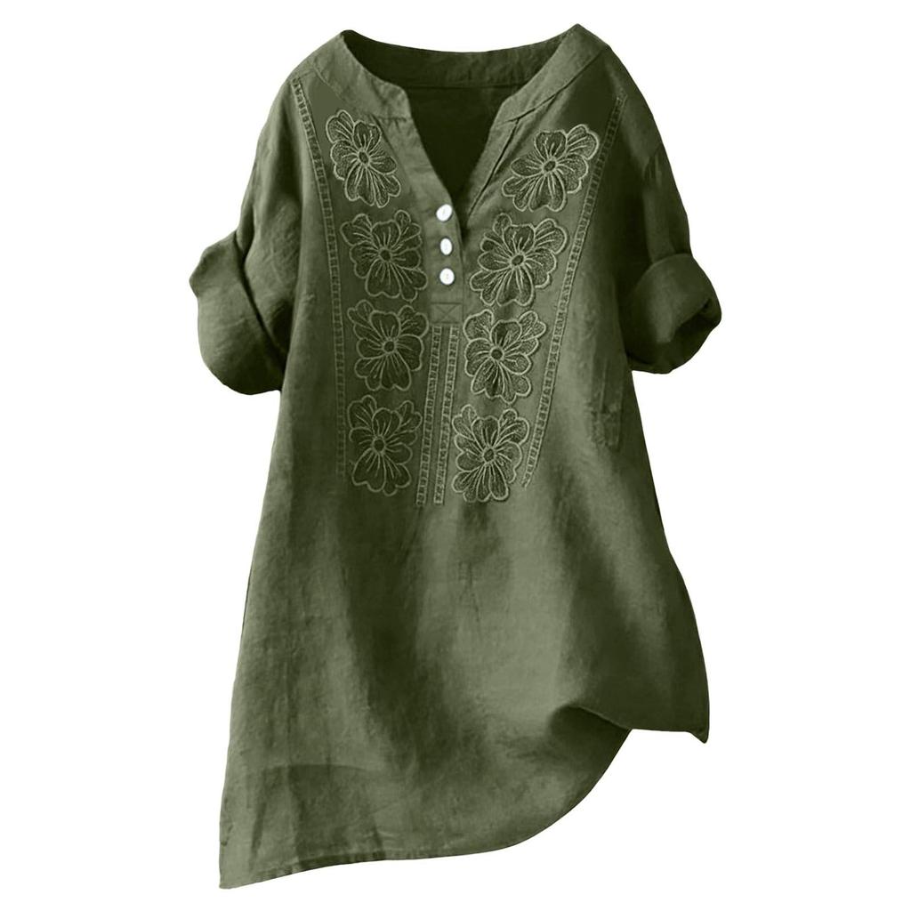 Women’s Casual Loose Fit Blouse with Floral Embroidery Three Quarter Sleeve Button Front V Neck Tunic Top