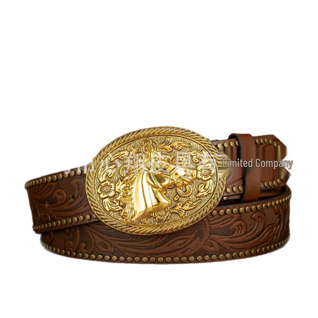 Western Cowboy Gold Lace Accent 3D Buckle Retro PU Leather Belt