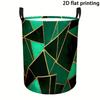 1pc, Green Geometric Patchwork Laundry Hamper with Golden Trim, Round Storage Basket, Large Capacity Foldable Portable Hamper with Handles for Bedroom
