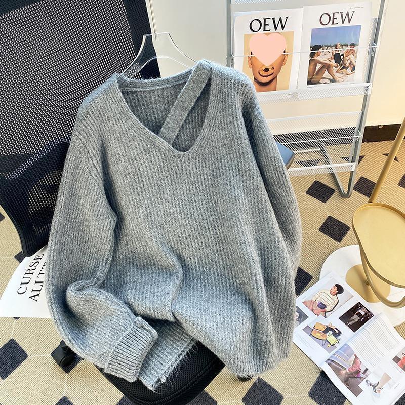 

Премиальный женский свитер с V-образным вырезом и ажурной вязкой - Осень/Зима, корейский стиль, толстой вязки, повседневный нишевый дизайн 2XL серый