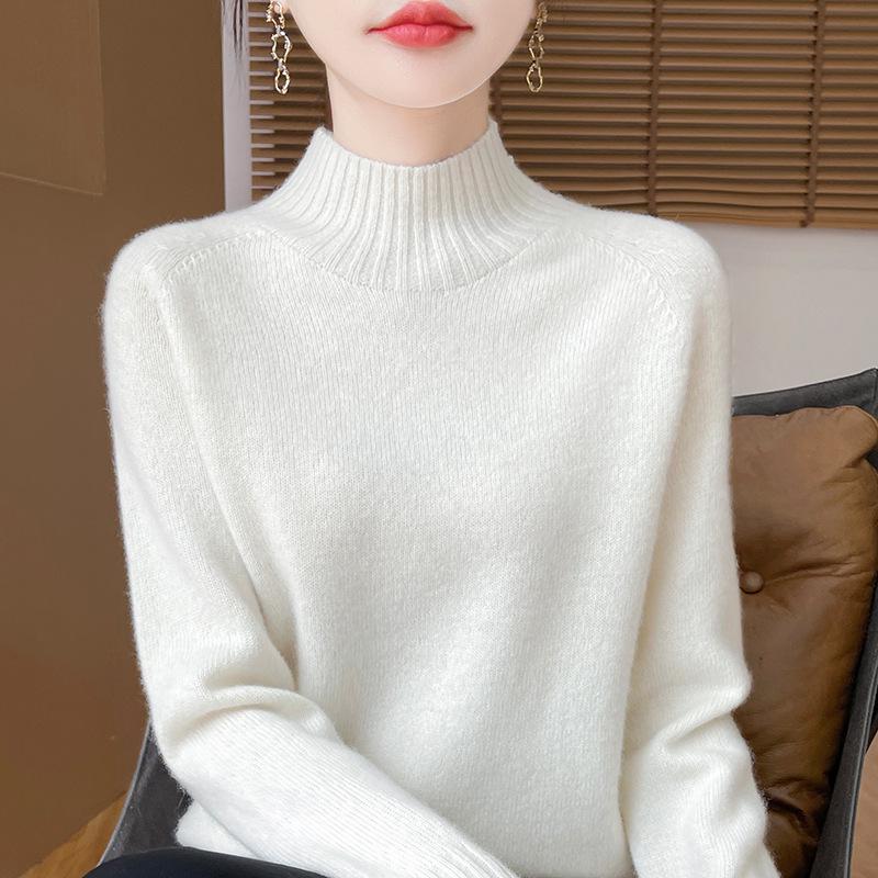 

Женский свитер крупной вязки из 100% шерсти с высоким воротником - Толстый, универсальный пуловер для осени и зимы M (100-110 jin)