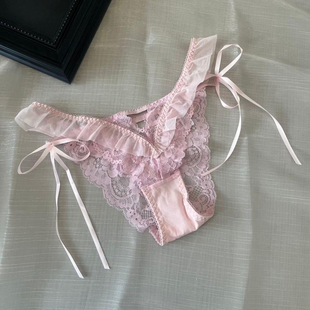 Mesh Ruffle Floral Bowknot Panties Bow Ribbon Underpants Lace Flower Transparent Briefs Lady