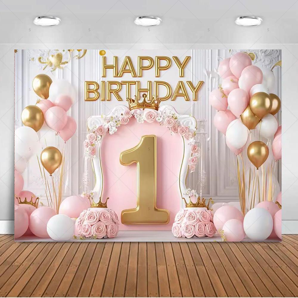 1. Geburtstag Party Dekorationen Rosa Gold Ballons Glitzer Hintergrund Banner Neugeborenen Kulisse Zubehör Fotografie Requisiten Kinder Geschenk