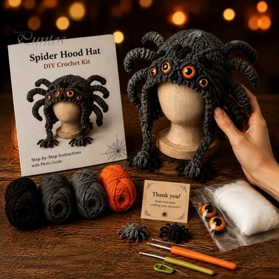 DIY Animal Hood Hat Halloween Crochet Kit, Skull Spider Bat Beginner Friendly Yarn Kit Spooky Pumpkin Earflap Craft for Adults Teens, Autumn