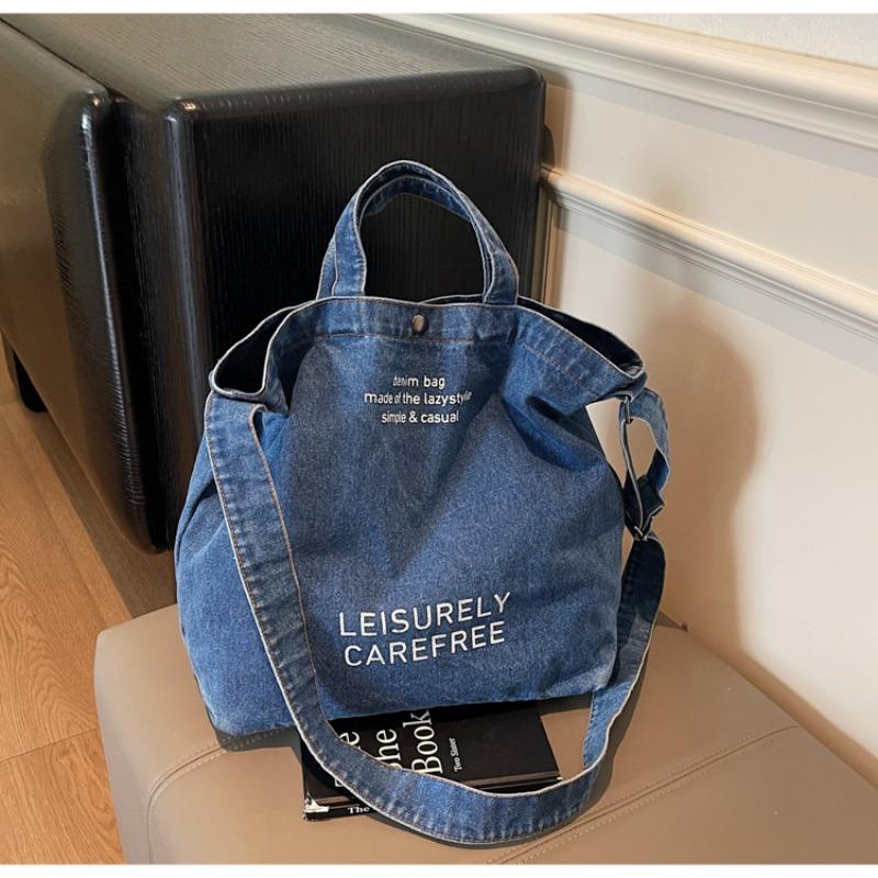 

Новая универсальная джинсовая сумка через плечо, модная сумка-мессенджер большой вместимости, портативная сумка-тоут для студенток темно-синий