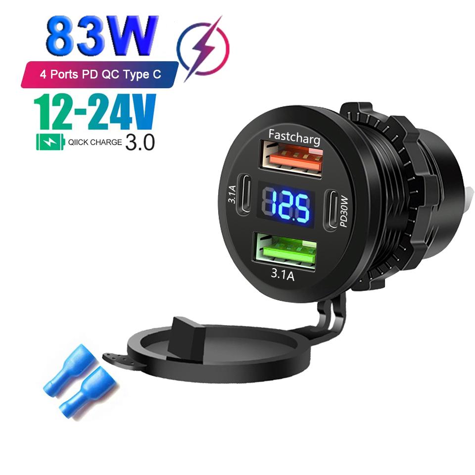 Car Charger Socket Dual Type-C & Dual USB 4Ports Fast Charging Socket Waterproof with Voltmeter 12V/24V For Car Boat Motorcycle