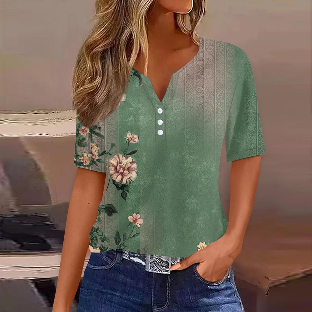 Damska koszulka z nadrukiem, guzikami, krótkim rękawem, codzienna, weekendowa, modna, podstawowa, dekolt w serek, regularna góra