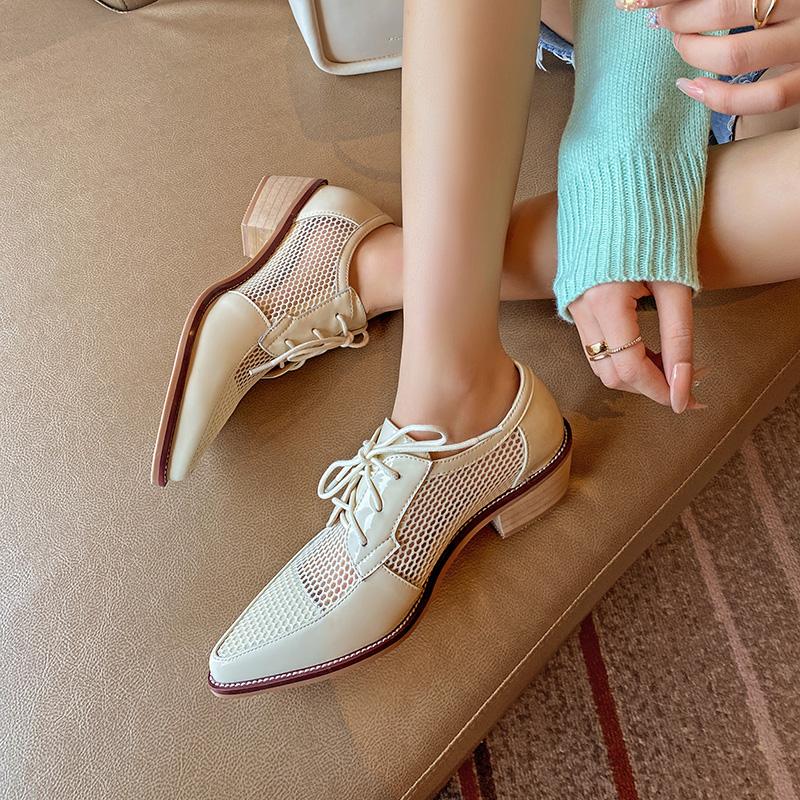 Fashion 2025 Spring Net Cloth Oxfords Women Shoes Lace-Up Ladies Brogue Flat Derby Shoes Pointed Toe Lace-up Heels Women Shoes for Women