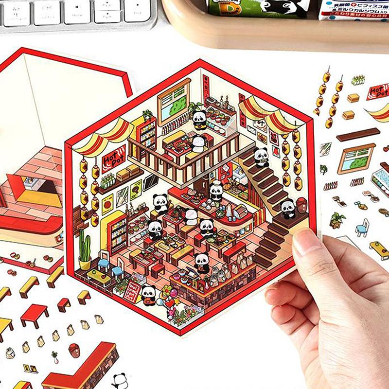 1Set Cartoon 3D Landscape Stickers Pocket Cabin Scene Stacking Pasting Stickers Diy Decoration Stickers Festival Birthday Gifts
