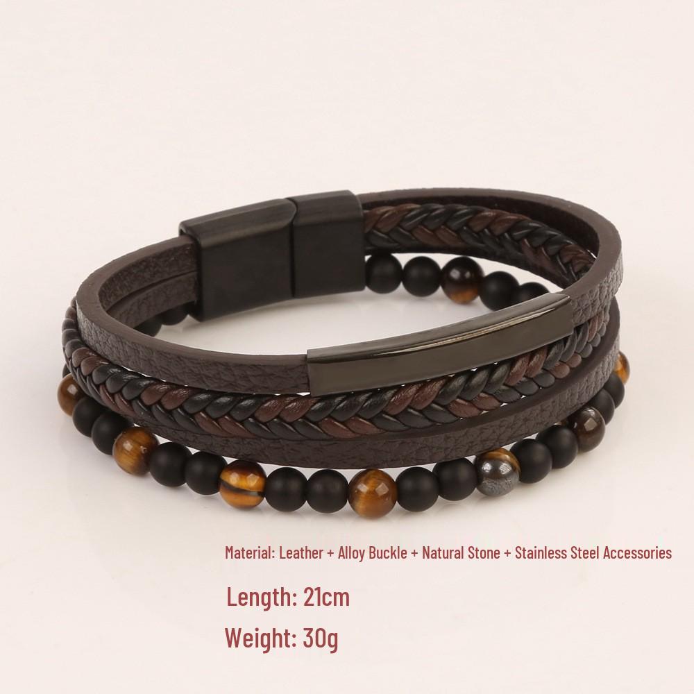 Men's Hand-woven Leather & Stainless Steel Natural Stone Bracelet