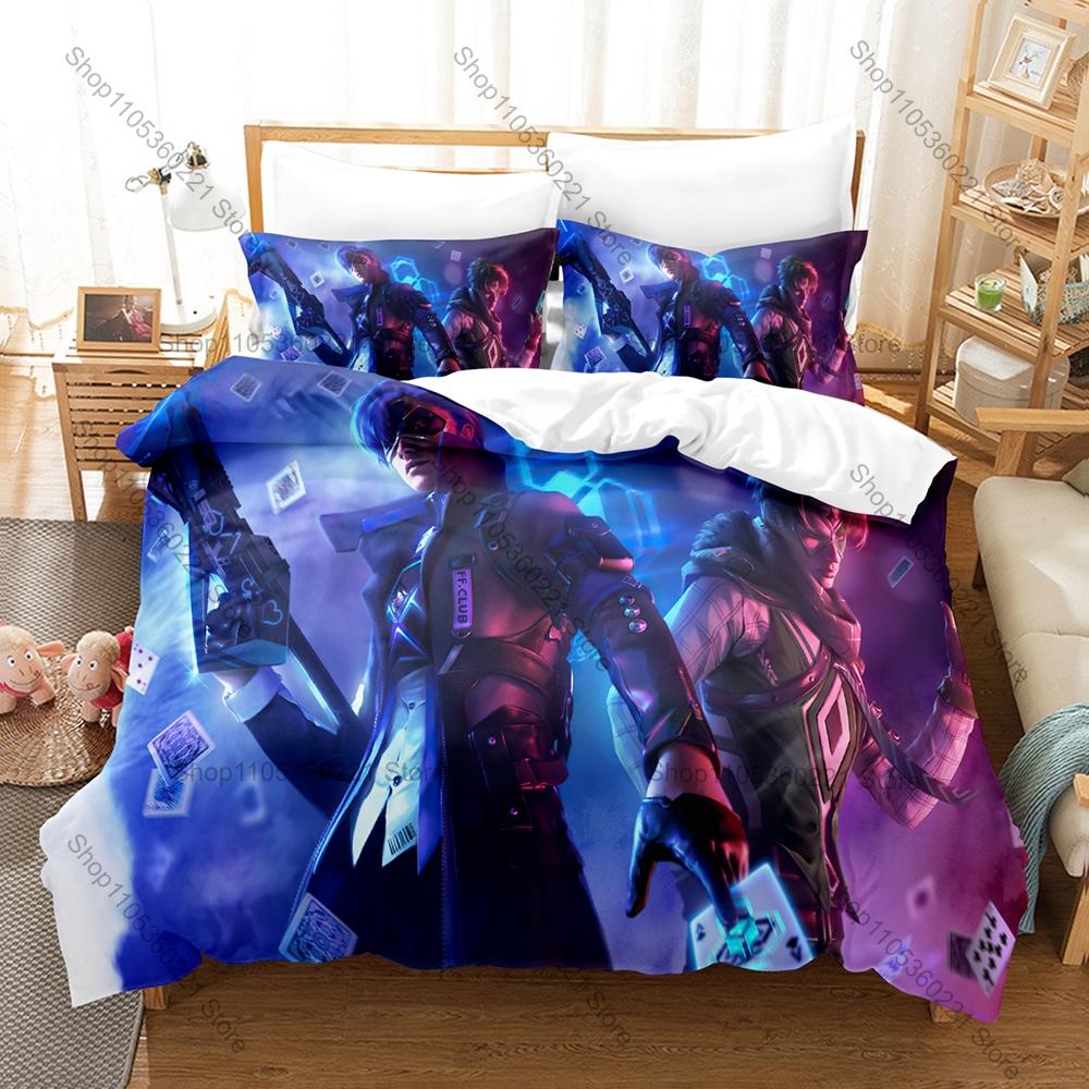 Cool Icon FF Warrior Character Graphic Free Fire Gaming Bedroom Decor Bedding Duvet Cover + 2 Pillowcases Mobile Game Fan Room D