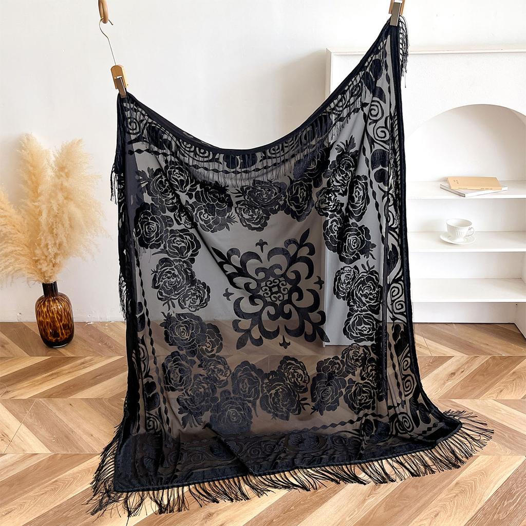 Retro Velvet Tassel Scarf Floral Embroidery Warm Outerwear Shawl For Women Spring Autumn Winter Ethnic Style Fashion Accessory