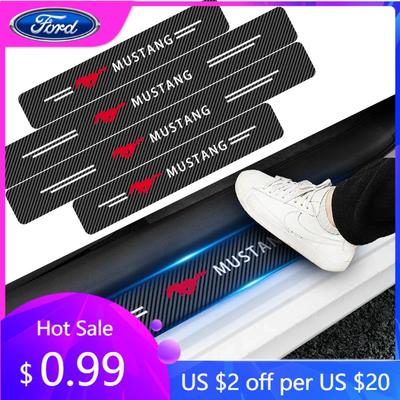 Car Sticker 4Pcs Car Door Plate Carbon Fiber Threshold Protector Sticker For Ford Mustang SHELBY GT 500 350 Convertible V Mach E