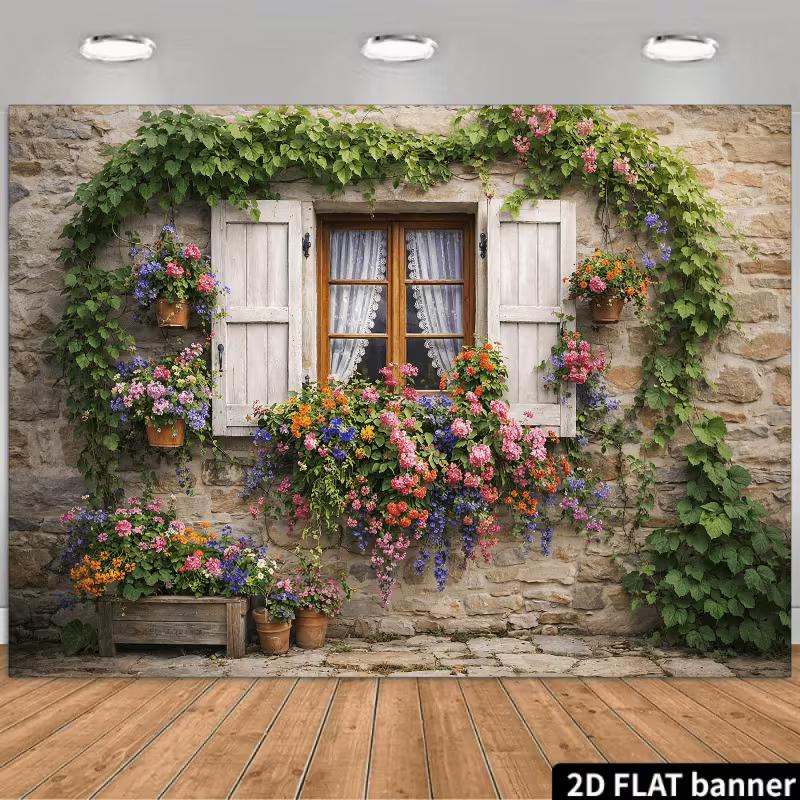 2D Vintage Steinhaus mit Blumenkästen & Efeu-Kulisse Foto Hintergrund