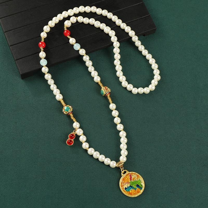 Original pearl long necklace ancient sand gold pendant women's high-end sweater chain retro accessories