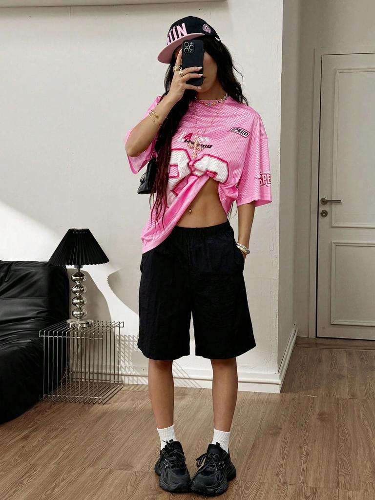 Women's Spring Summer Pink Mesh Short Sleeve T Shirt Casual Oversized Top For Streetwear Fans Daily Wear