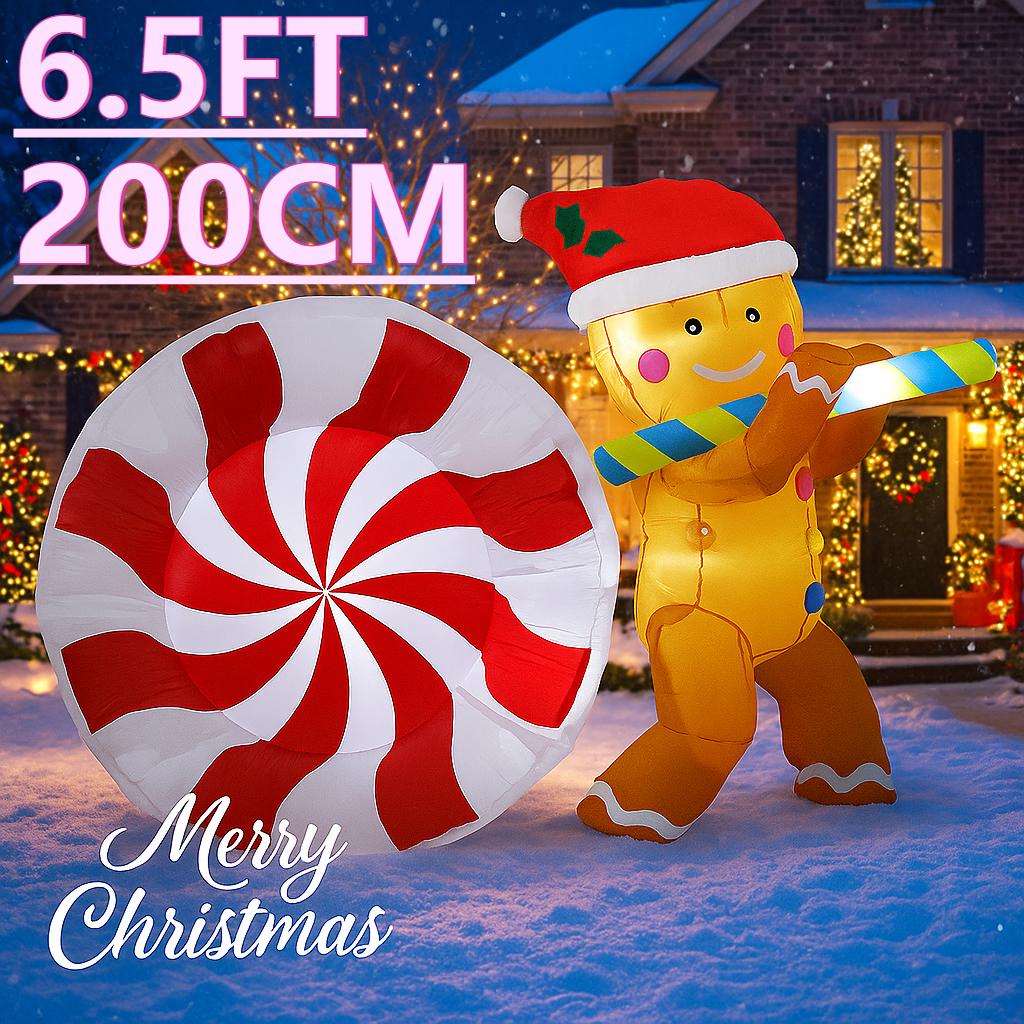 6.5FT  LED Inflatable Yard Decor Gingerbread Man Big Candy Cane Xmas Home Decor Ornaments Supplies Gifts Toy Christmas Holiday
