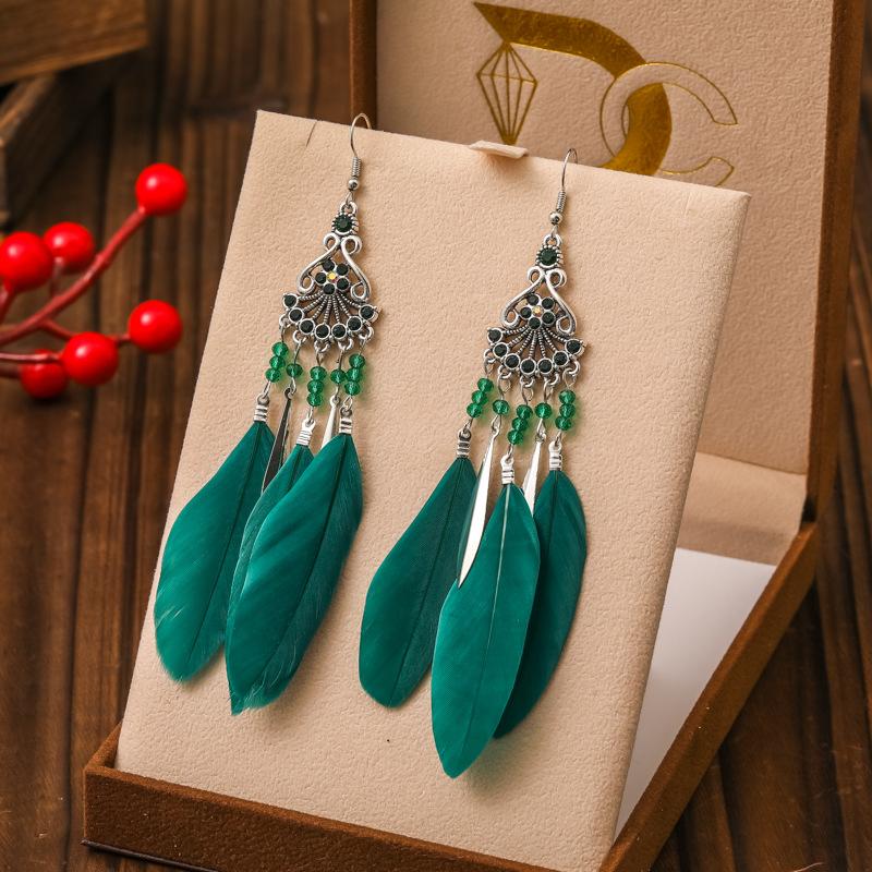 Vintage Ethnic Bohemian Crystal Beads Handmade Feather Tassel Women Earrings Long Drop Dangle Boho Jewelry Pendientes Mujer