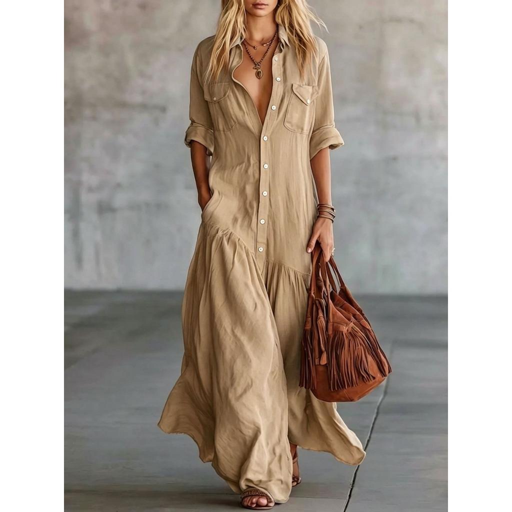 Women's Casual Dresses - Bohemian V-neck Shirt Collar Mid-length Loose Flowy Swing Vacation Dress Women