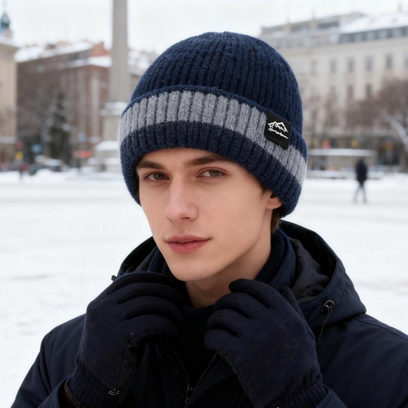 Winter Warm Wool Hat Knitted Pullover Hat Velvet Windproof Ear Protection Hat Thick Biker Hat for Men Women
