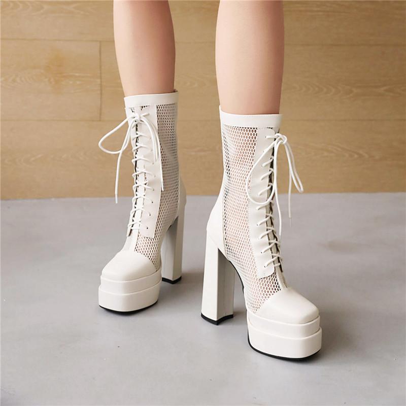 Women's High-heeled Short Boots Sexy European and American Style Waterproof Platform Thick-heeled Large-size Net Boots