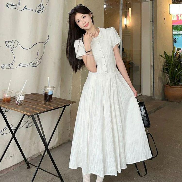 Women's Summer Puff Sleeve White Shirt Dress - College Style, Waist-Cinching, Sweet & Slim Fit