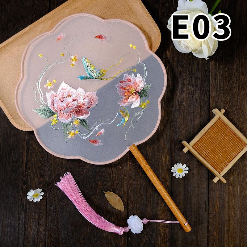 Doppelseitiger Vintage-Fächer chinesischer Stil Pfingstrose Su-Stickerei Runder Fächer Ornamente Tanzfächer Performance-Requisiten Heimdekoration