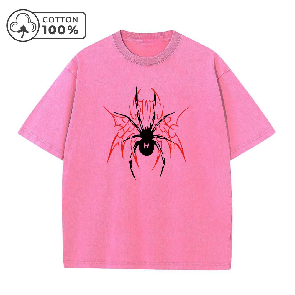 Mens Casual Washed TShirt Trendy And Stylish Pure Cotton Short Sleeve Unique Spider Print Summer Everyday Commute Top