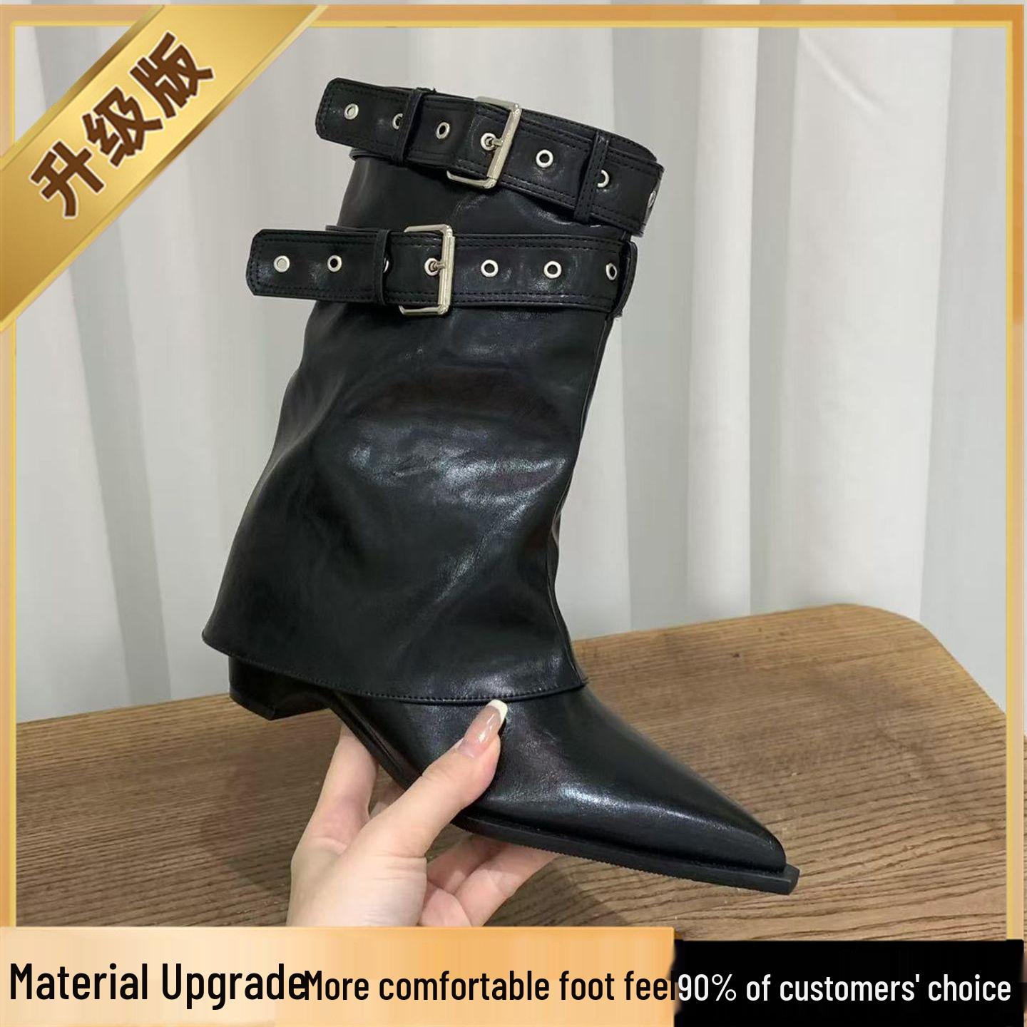 

Кавові черевики-мартінси на товстому підборі з гострим носком для жінок - Весна та Осінь 2025 Західні ковбойські черевики, що стрункішать 35