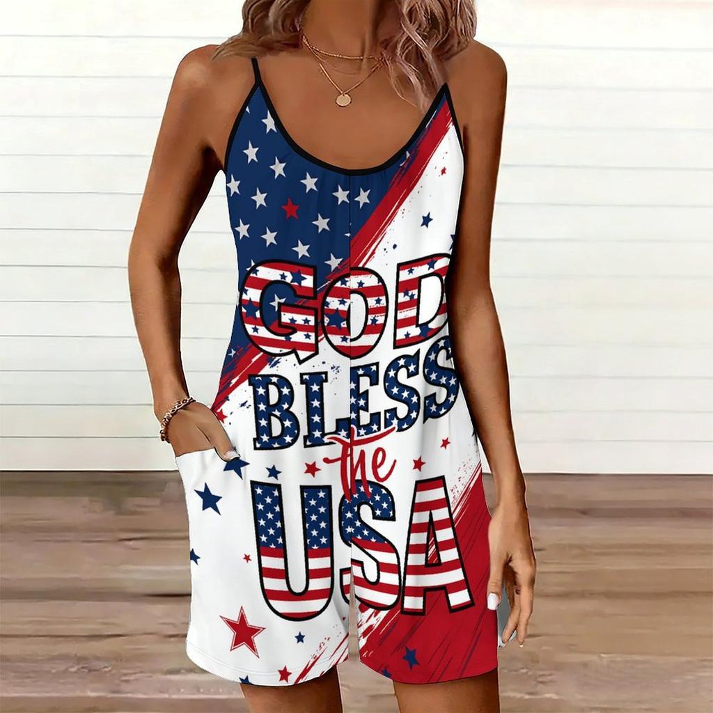 Womens Sleeveless Spaghetti Strap Romper Flower Print Pocket Short Jumpsuit